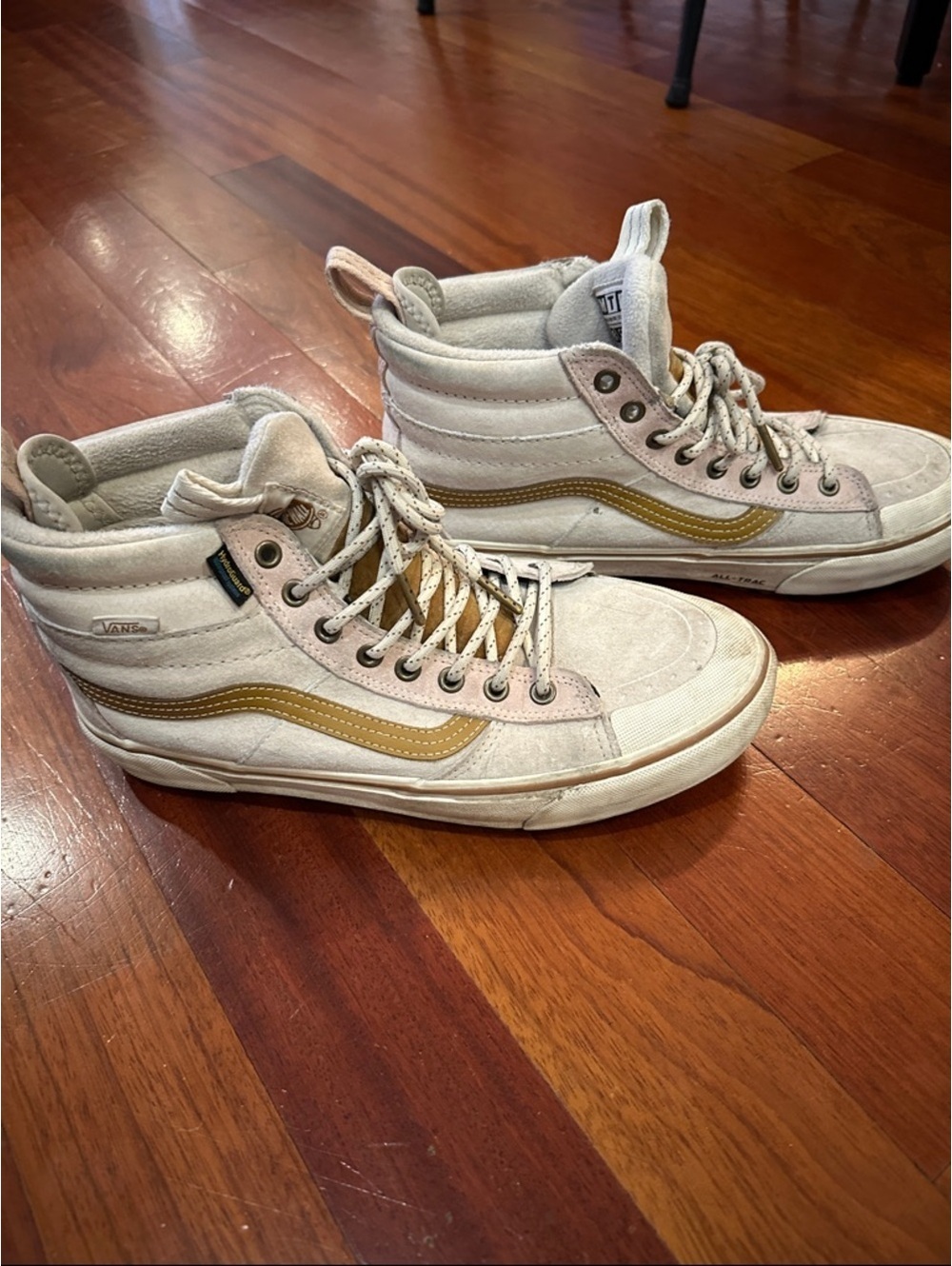 Vans High Top Sneakers in light pink, grey and white with Mustard Stripe MTE